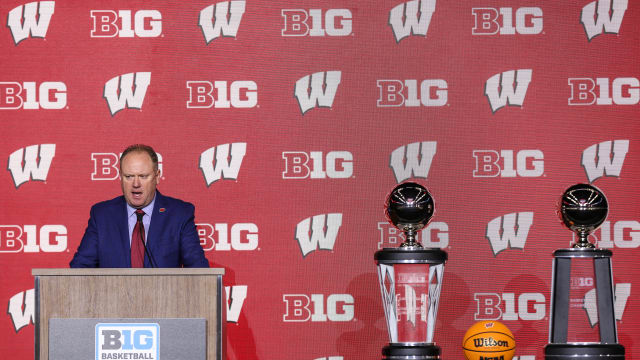 Oct 10, 2023; Minneapolis, MN, USA; Wisconsin Badgers head coach Greg Gard speaks to the media during the Big Ten basketball media days at Target Center. Mandatory Credit: Matt Krohn-USA TODAY Sports
